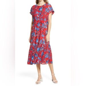 Halogen Nordstrom Floral Print Red Blue Casual Flowy Ruffle Midi Dress- Size XS